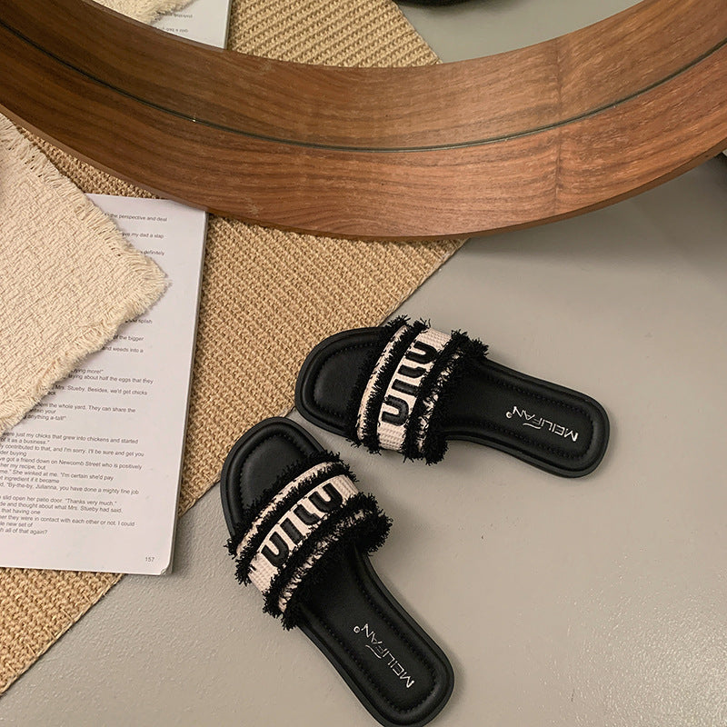 Damen bequeme Slide-Sandalen mit modischem Textiloberteil und stylischen Riemen Drune