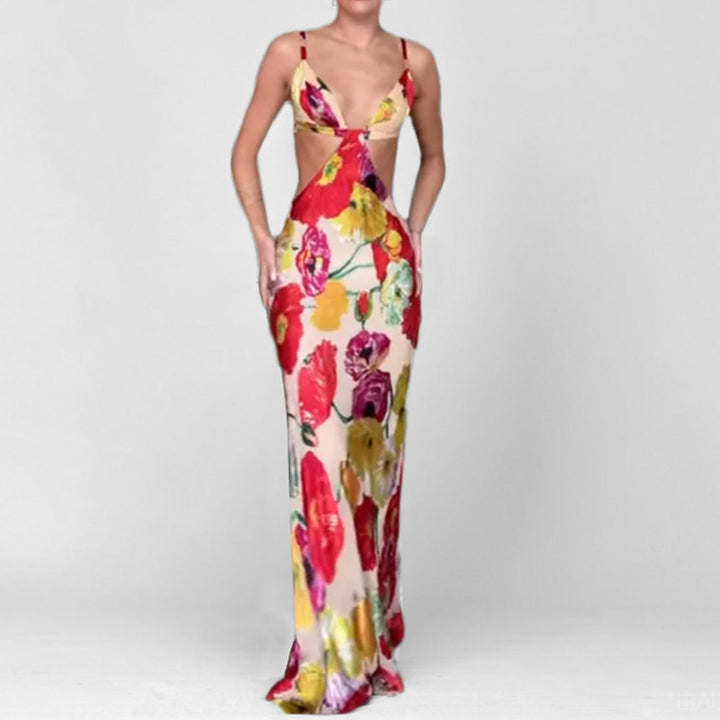 Damen Maxikleid mit raffiniertem Cut-Out-Design und floralen Akzenten Drune