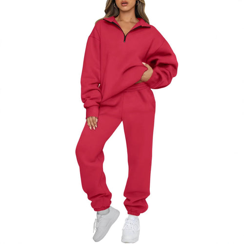 Damen nan Halbzip-Loungewear-Set mit übergroßem Kragenpullover und taillierter Jogginghose mit elastischem Bund Drune