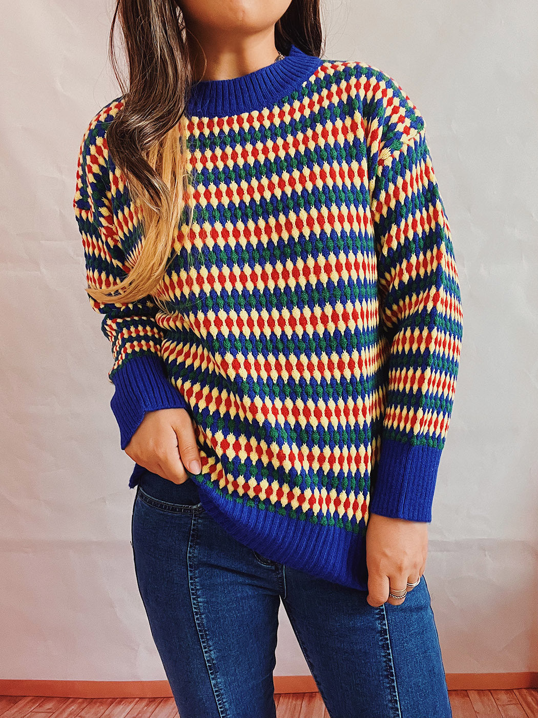 Damen lässiger Strickpullover mit buntem Rautenmuster und Rundhalsausschnitt Drune