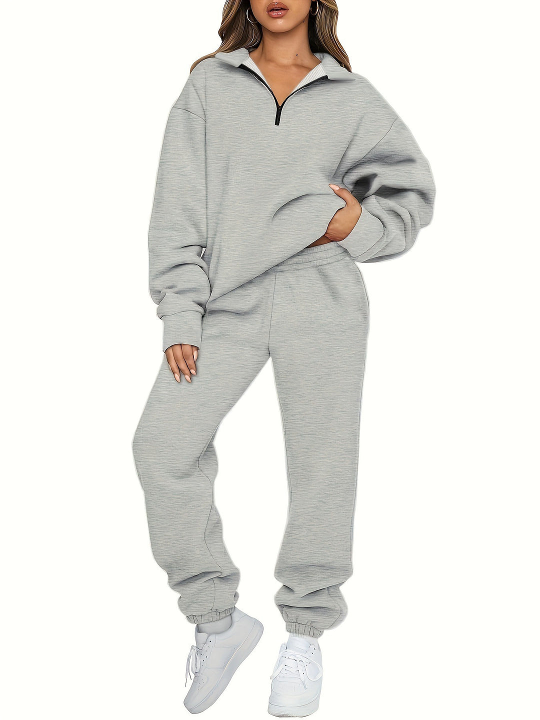 Damen nan zweiteiliges Relax-Set mit halbverdecktem Halbzip-Sweatshirt im Oversize-Schnitt und hohem Komfortbund Jogginghose Drune
