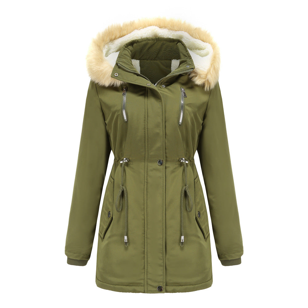 Damen modische Outdoor-Jacke mit abnehmbarem Kunstfellkragen und elastischem Taillenzug Drune