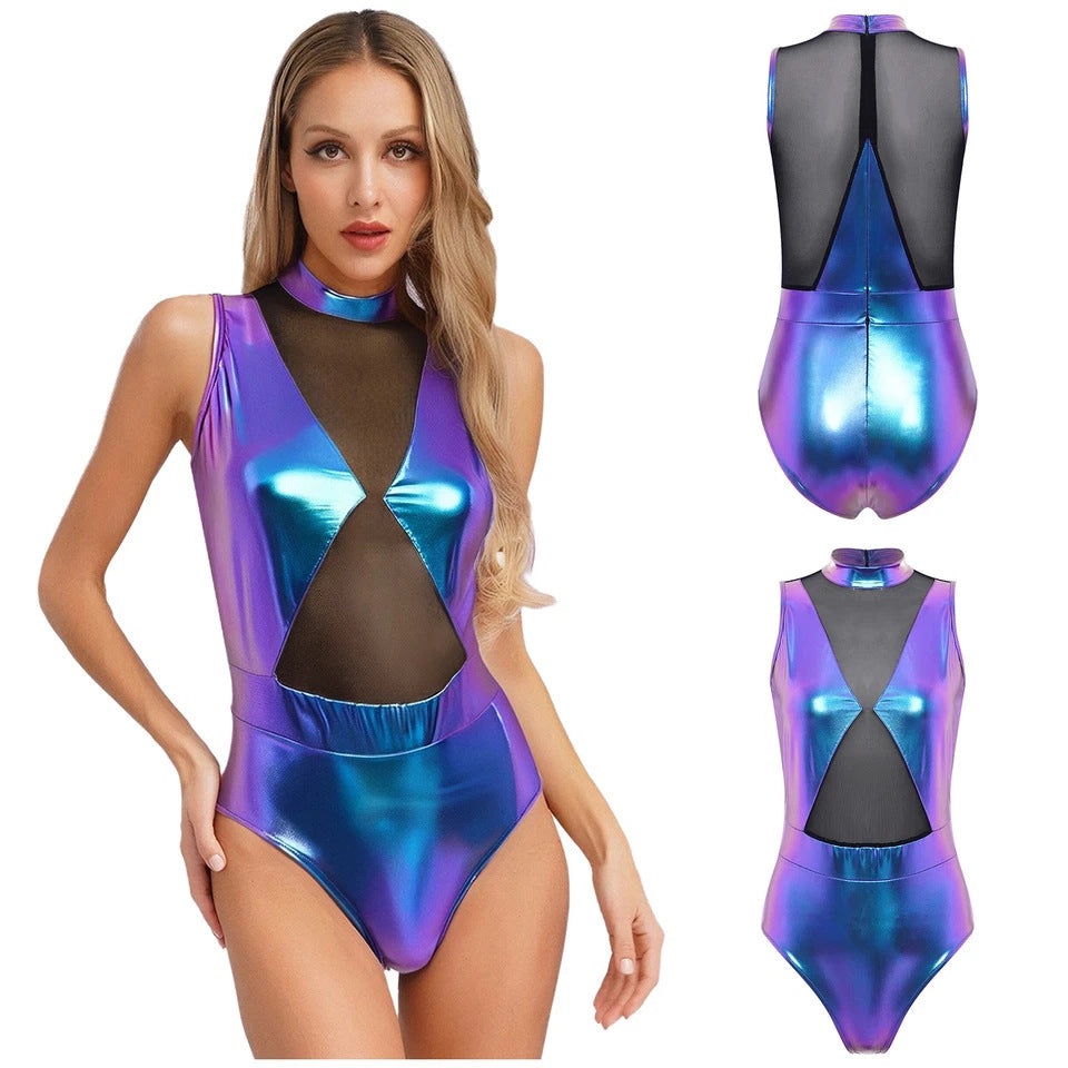 Damen Einteiler Badeanzug mit transparenten Einsätzen und schimmerndem Design Drune