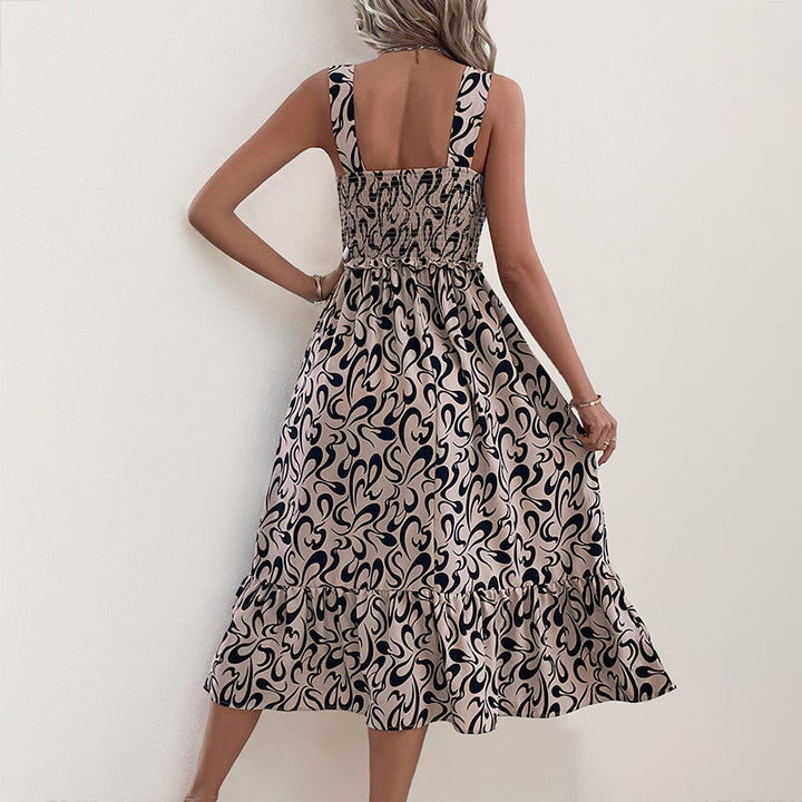 Damen ärmelloses Maxikleid mit Rüschen und kreativem Muster Drune