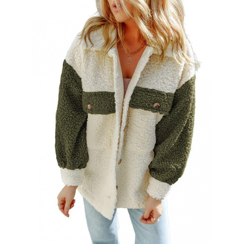 Drune | Damen Teddy Jacke mit Kontrastärmel
