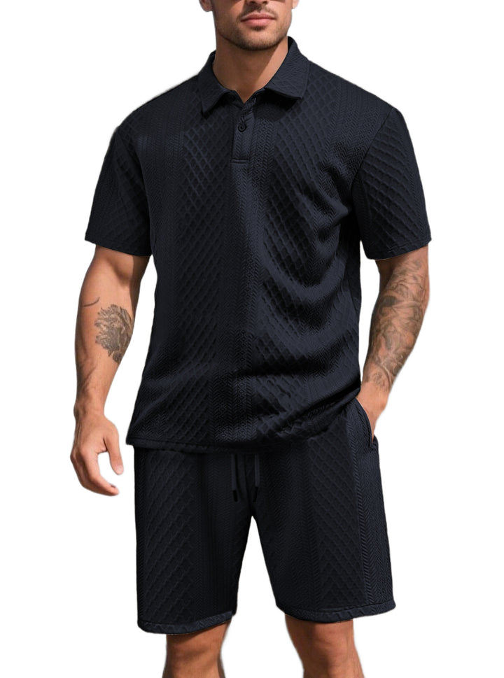 Herren nan dreidimensionales Relief-Freizeit-Set mit Polokragen, verdeckter Knopfleiste und elastischer Tunnelzugshorts Drune