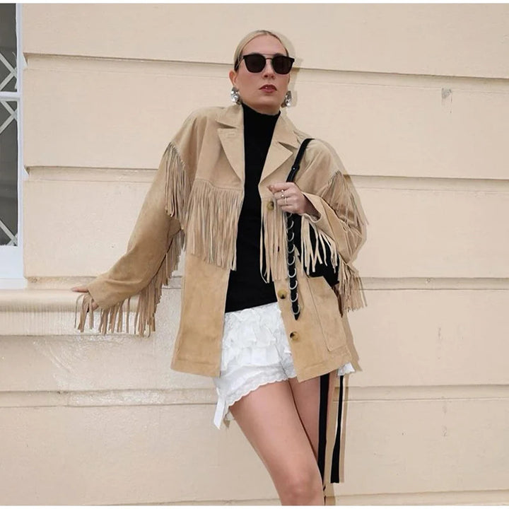 Damen Modische Wildlederjacke mit Fransen Drune