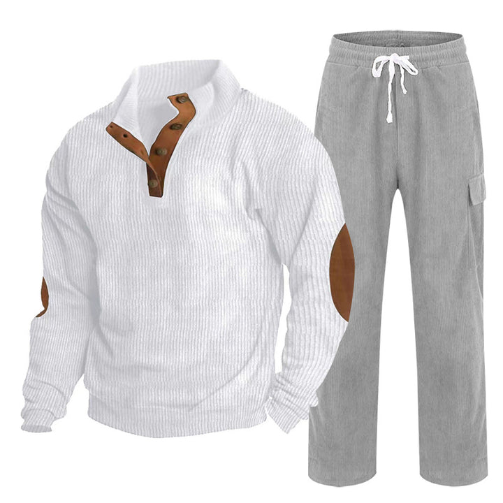 Herren nan strukturiertes Cord-Henley-Loungewear-Set mit Ellenbogenpatches und Cargo-Jogpant Drune