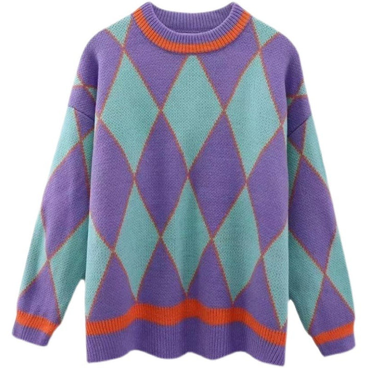 Damen oversized Strickpullover mit geometrischem Muster und Farbkontrasten Drune