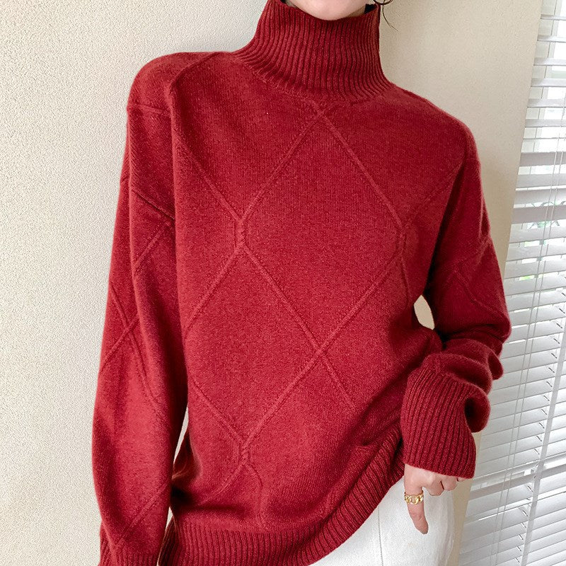 Damen Strickpullover mit hohem Kragen und Rautenmuster Drune