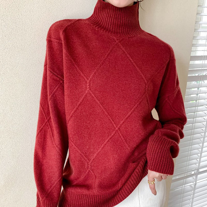 Damen Strickpullover mit hohem Kragen und Rautenmuster Drune
