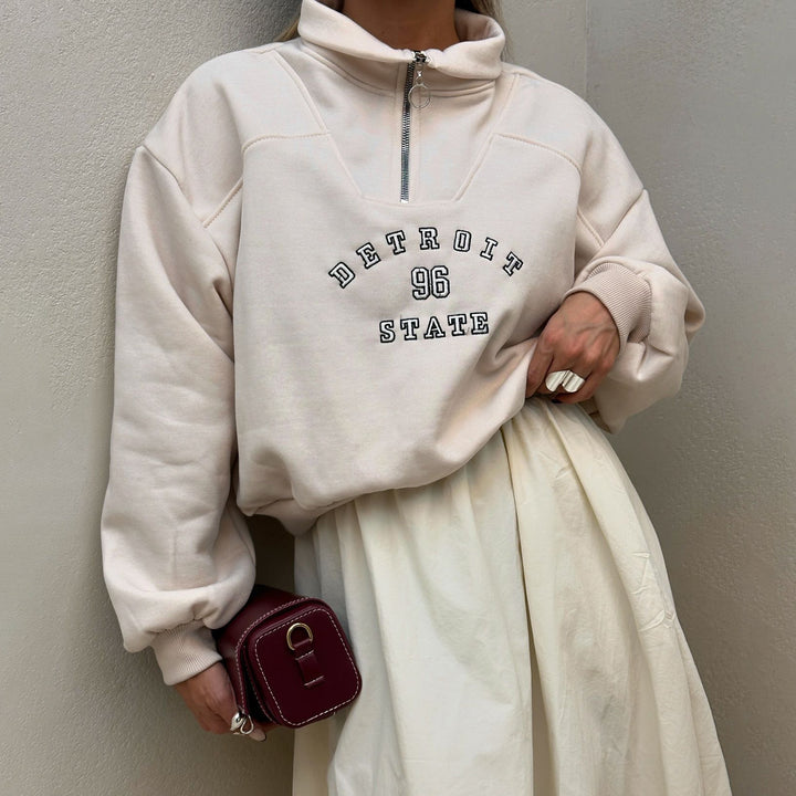 Damen Sweatshirt mit stylischem Stehkragen und Vintage-Print Drune
