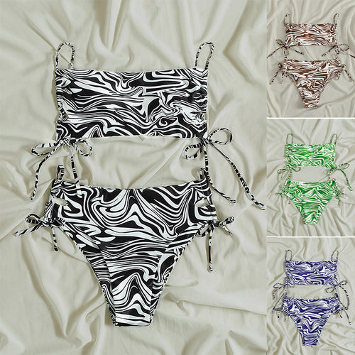 Damen Bikiniset mit verstellbaren Schnürdetails und maritimen Wellenmuster Drune