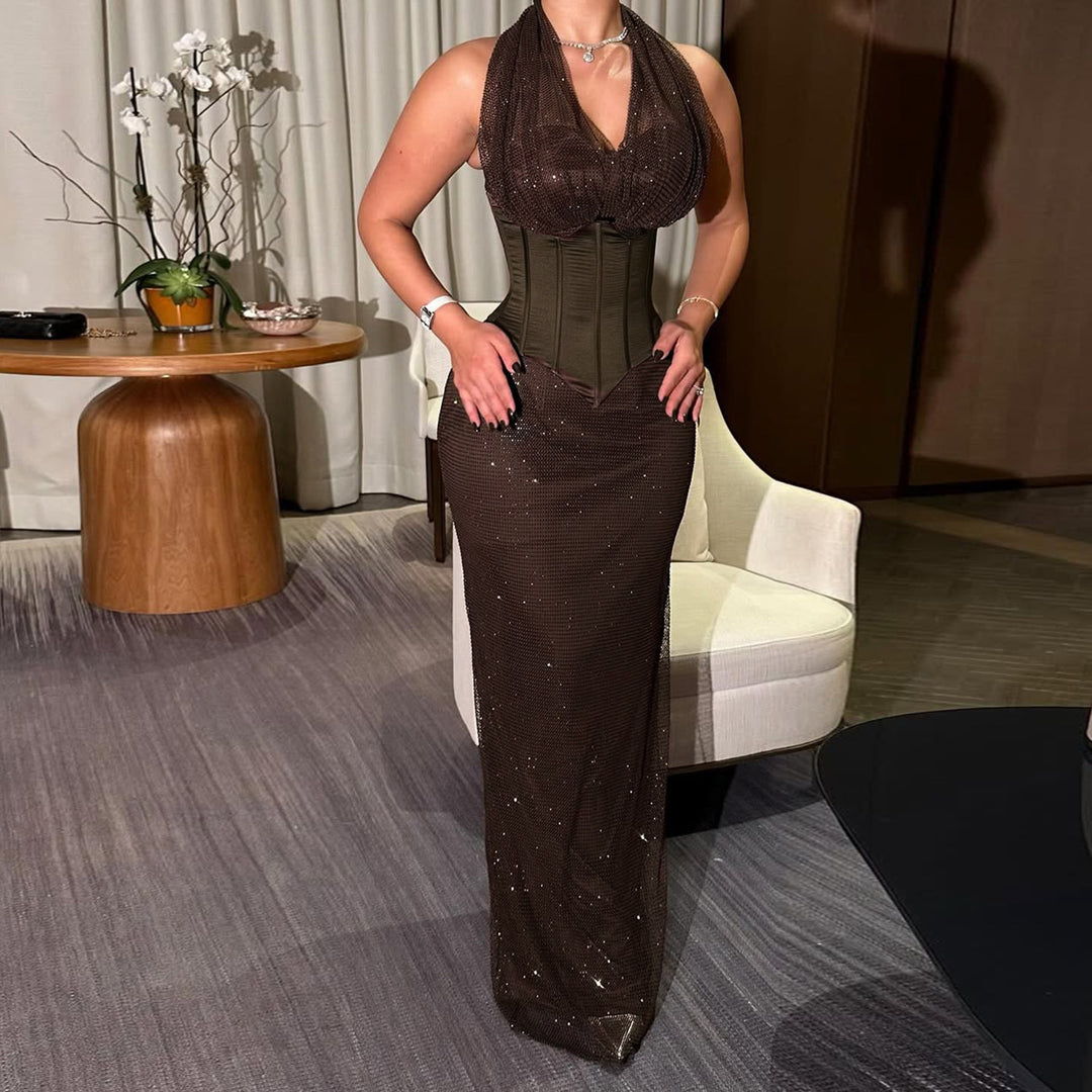 Damen Elegantes Maxikleid mit schimmernden Akzenten und figurformendem Oberteil Drune