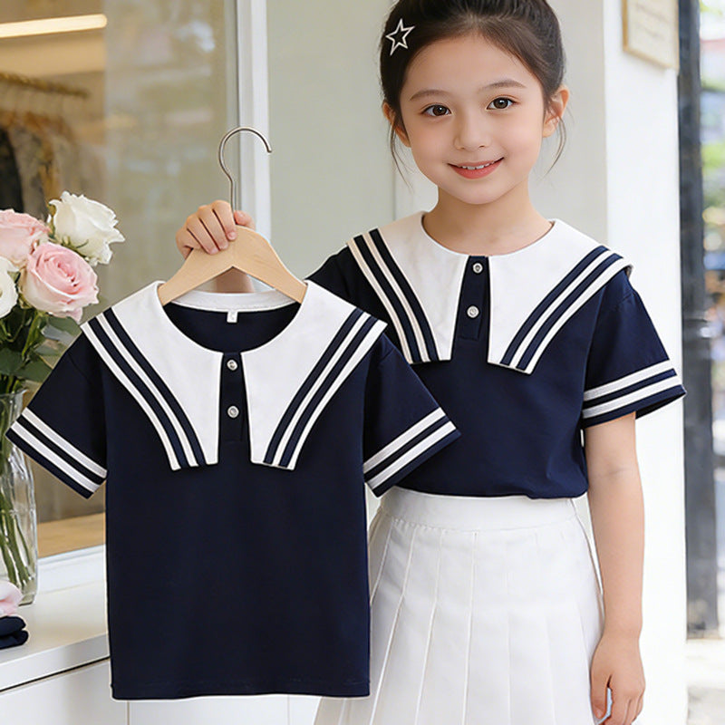 Mädchen Matrosen-T-Shirt mit gestreiftem Kragen und Knopfdetails Drune