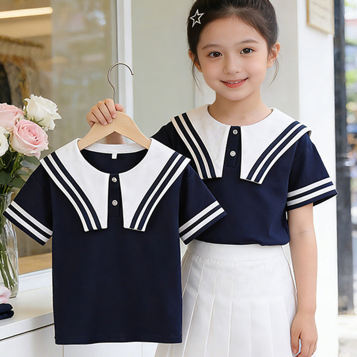 Mädchen Matrosen-T-Shirt mit gestreiftem Kragen und Knopfdetails Drune