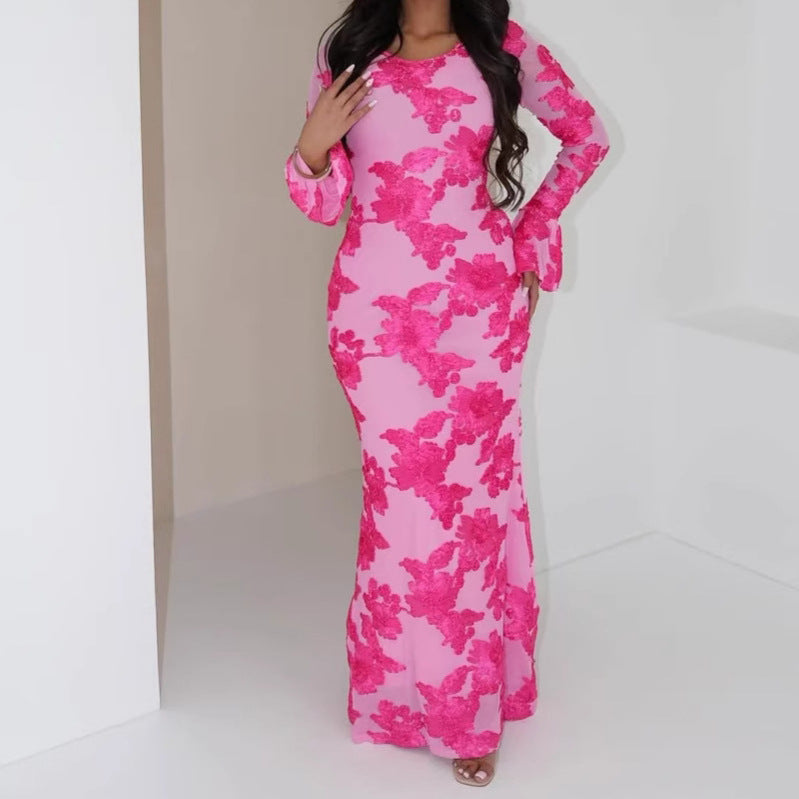 Damen Elegantes Maxikleid mit transparenter Spitze und floralen Applikationen Drune