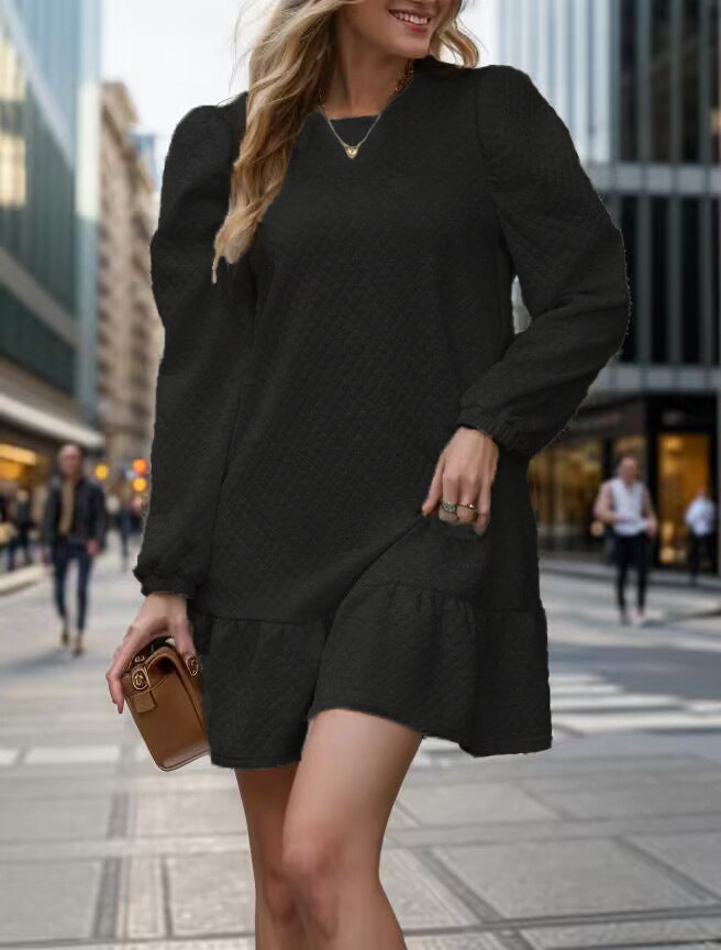Damen lässiges Sweatkleid mit Rüschensaum und Puffärmeln Drune