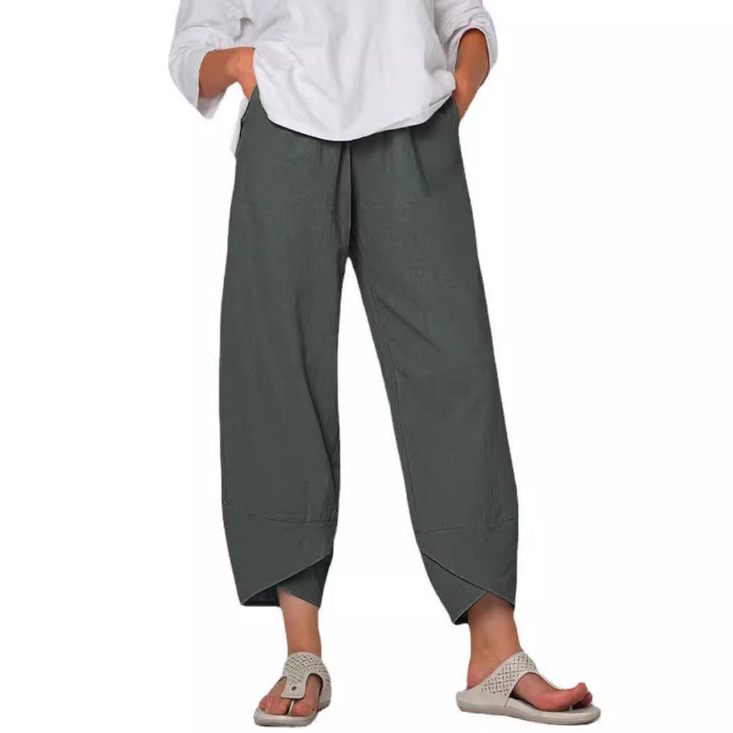 Damen nan lockere Leinenhose mit hohem Bund, Tulpen-Saum und seitlichen Eingrifftaschen Drune