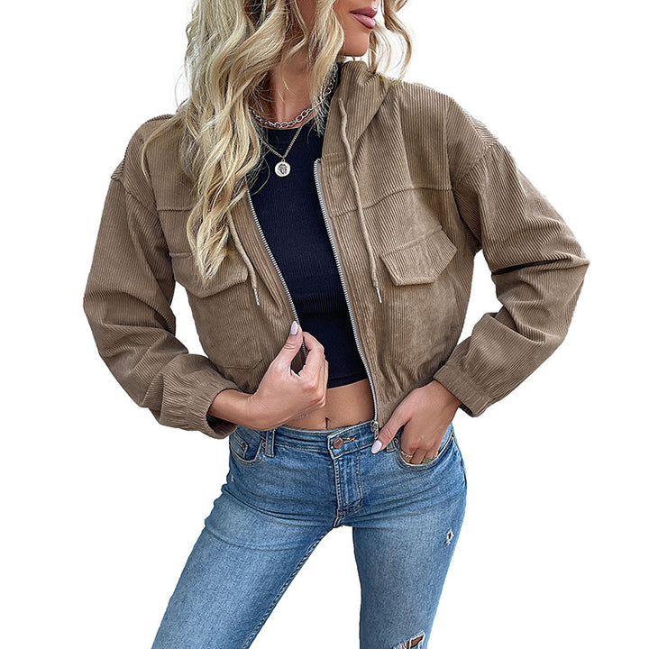 Damen kurzes Cordjacke mit aufgesetzten Taschen und Kapuze Drune