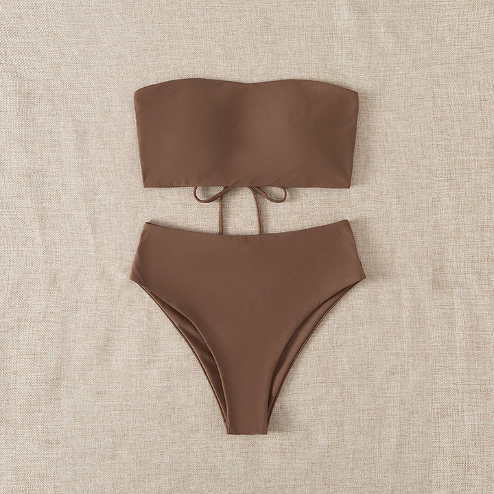 Damen Bandeau-Bikini mit hohem Taillenbund und verstellbaren Bindebändern Drune
