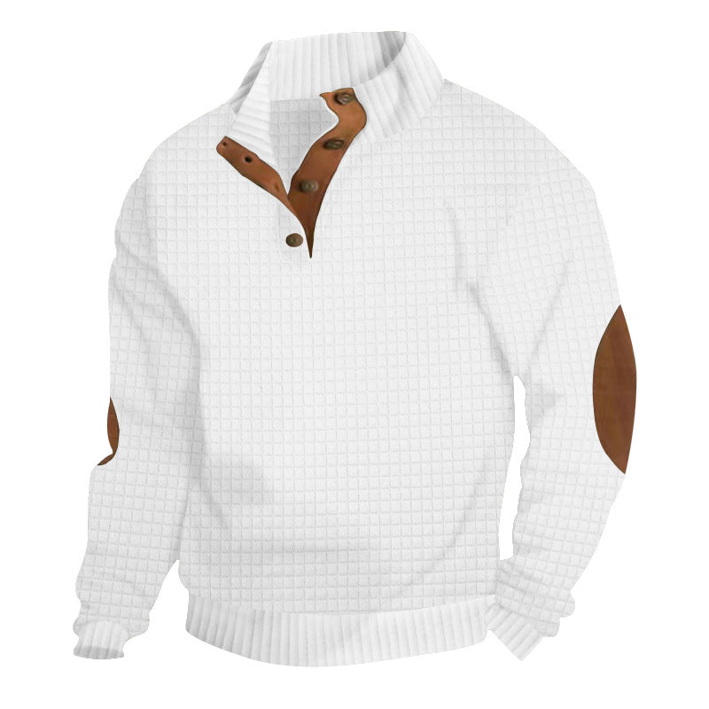 Herren nan waffelstruktur-Troyer mit Stehkragen Druckknopf-Leiste und Nappaleder-Ellenbogenpatches Drune