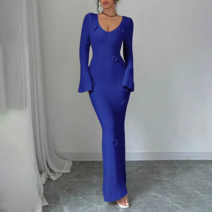 Damen Maxikleid mit elegantem Rippenstrick und modischen Blumenapplikationen Drune