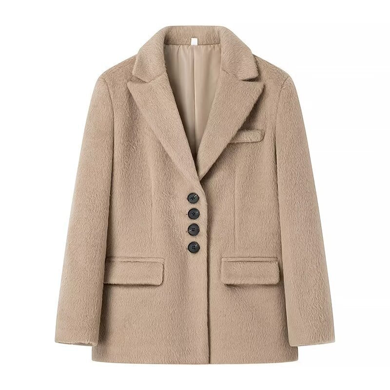 Damen elegante Blazerjacke mit weichem Fell und dekorativen Knopfdetails Drune