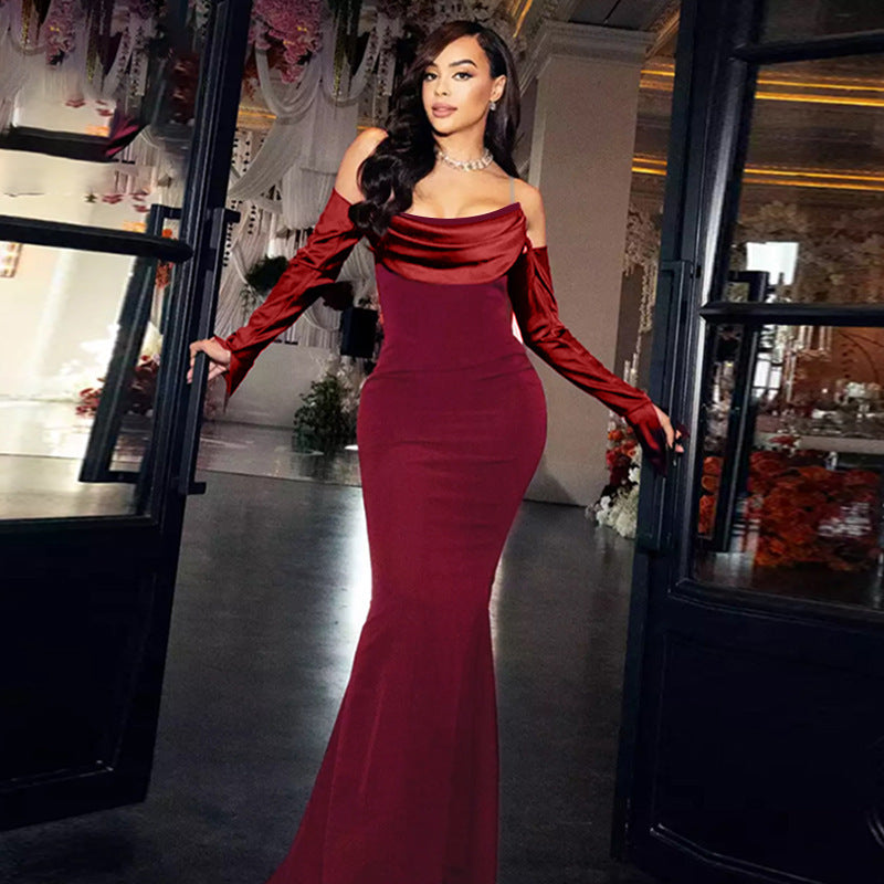 Damen Langarm Abendkleid mit elegantem Wasserfall-Ausschnitt und figurbetontem Schnitt Drune