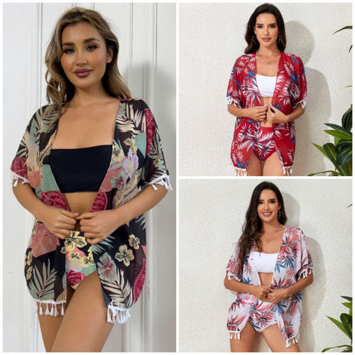 Damen Strandkleid mit floralem Design und fransenverziertem Überwurf Drune