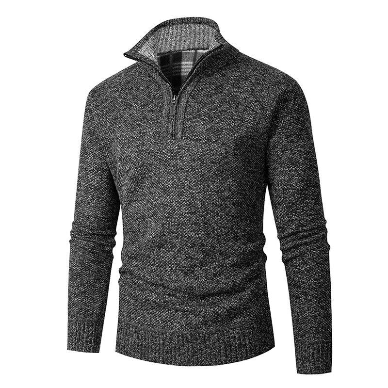 Herren nan grobgestrickter Halfzip-Pullover mit Stehkragen und karierter Krageninnenseite Drune