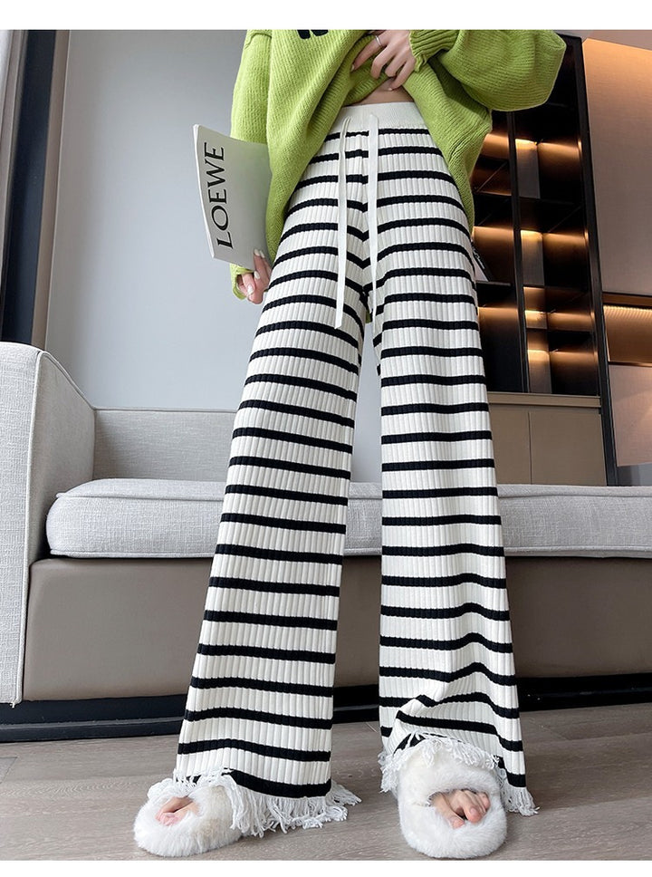 Damen Elegante gestreifte Palazzo-Hosen aus Rippstrick Drune