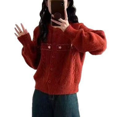 Damen Gemusterte Strickjacke mit dekorativen Knöpfen und lässigem Schnitt Drune