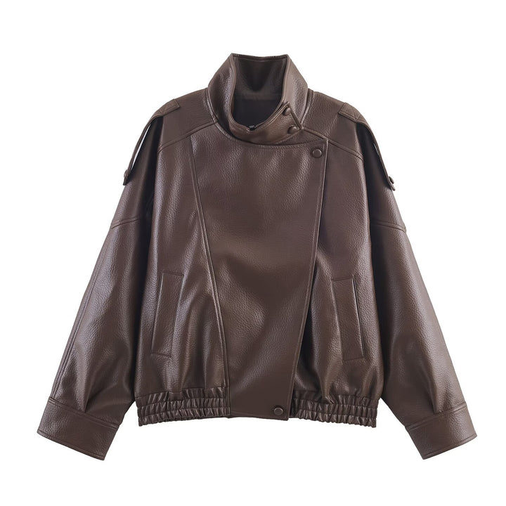 Damen Kunstlederjacke im modernen Design mit hochgeschlossenem Kragen und praktischen Taschen Drune