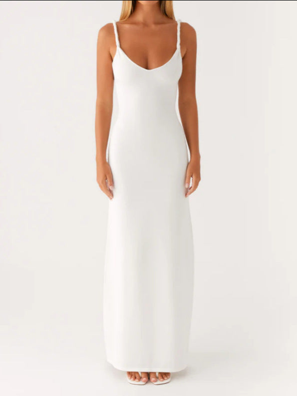 Damen Langarm-Maxikleid aus hochwertigem, elastischem Material mit tiefem V-Ausschnitt und eleganten Spaghetti-Trägern Drune