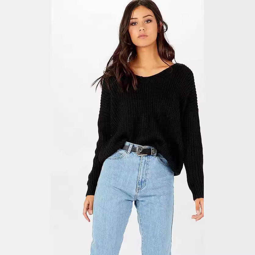 Damen lässiger Strickpullover mit dekorativem Rückenausschnitt und Kordelzug Drune