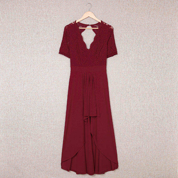 Damen elegantes Abendkleid mit tiefem V-Ausschnitt und gerafftem Rocksaum Drune