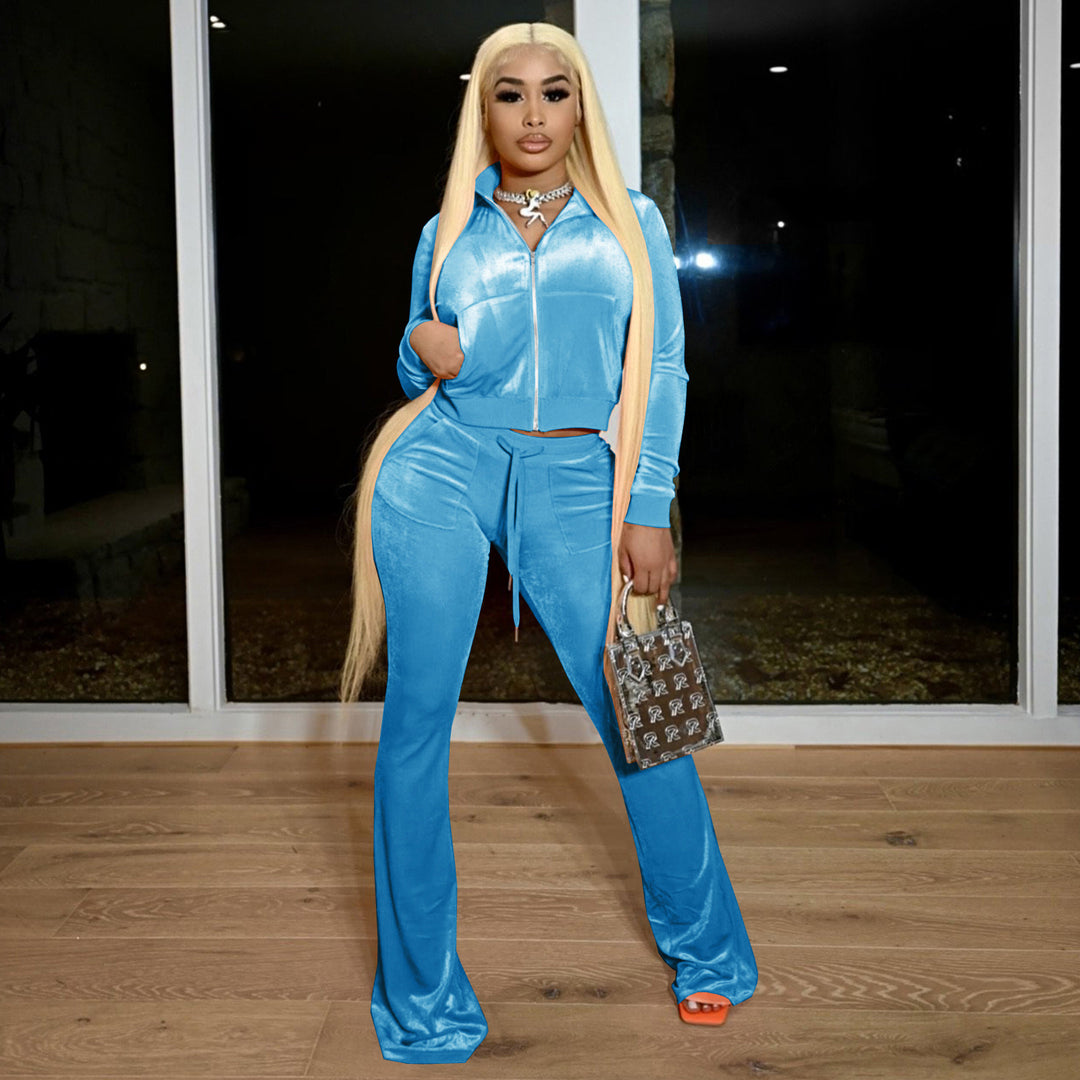 Damen Velours Tracksuit mit Zip-Front und weit geschnittener Hose Drune