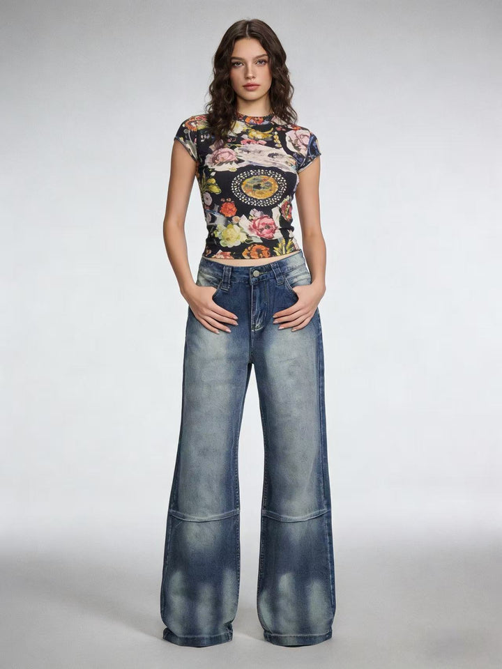 Damen Schlagjeans mit weitem Bein und modischen Waschungseffekten Drune