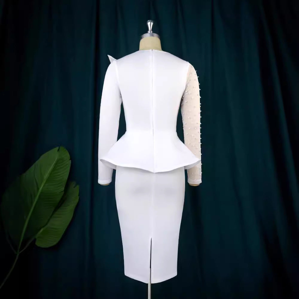 Damen Etuikleid mit transparenten Puffärmeln und dekorativem Peplum Drune