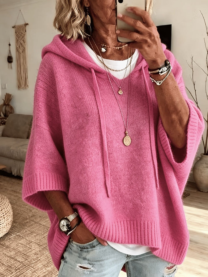Damen nan Oversize Strickponcho mit Kapuze und kurzen Ärmeln Drune