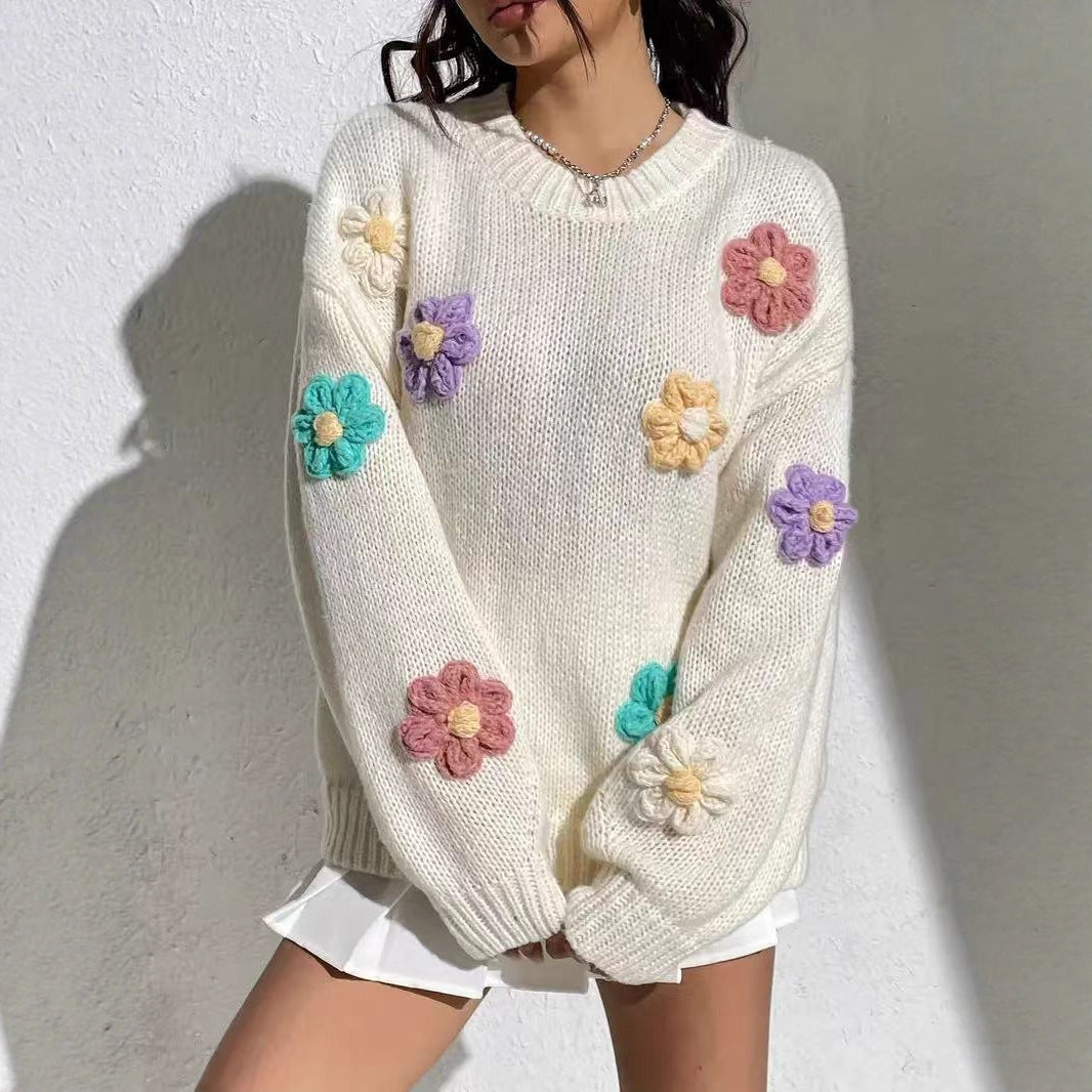 Damen blumengestickter Oversized-Pullover Drune