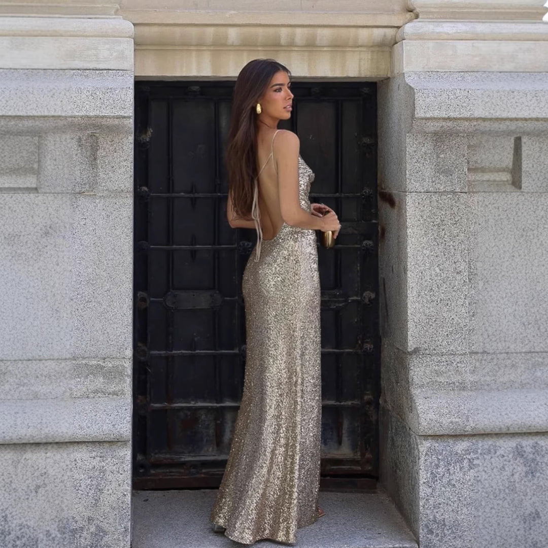 Damen Glamouröses Abendkleid mit tiefem Rückenausschnitt und schimmerndem Material Drune