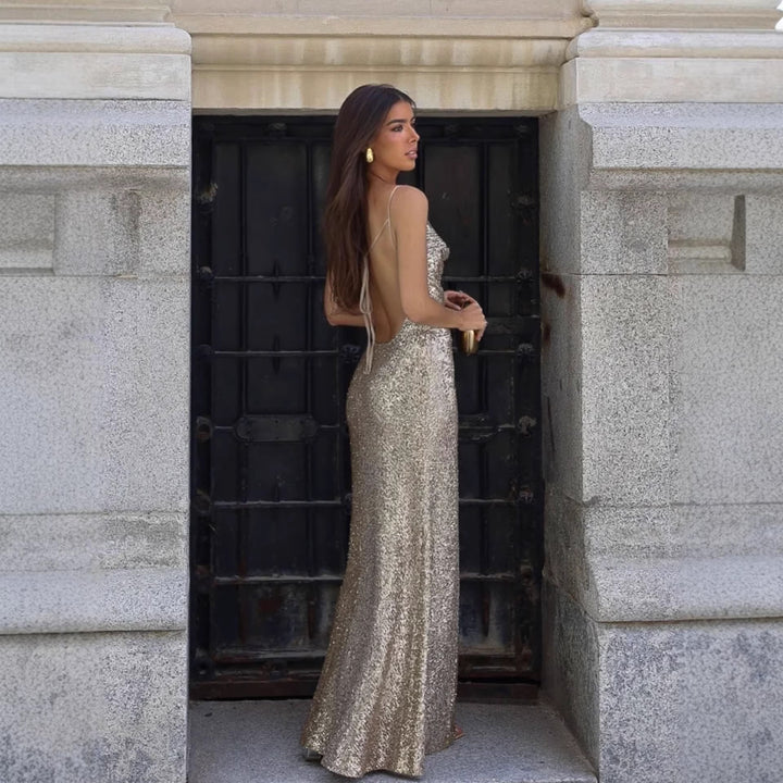 Damen Glamouröses Abendkleid mit tiefem Rückenausschnitt und schimmerndem Material Drune