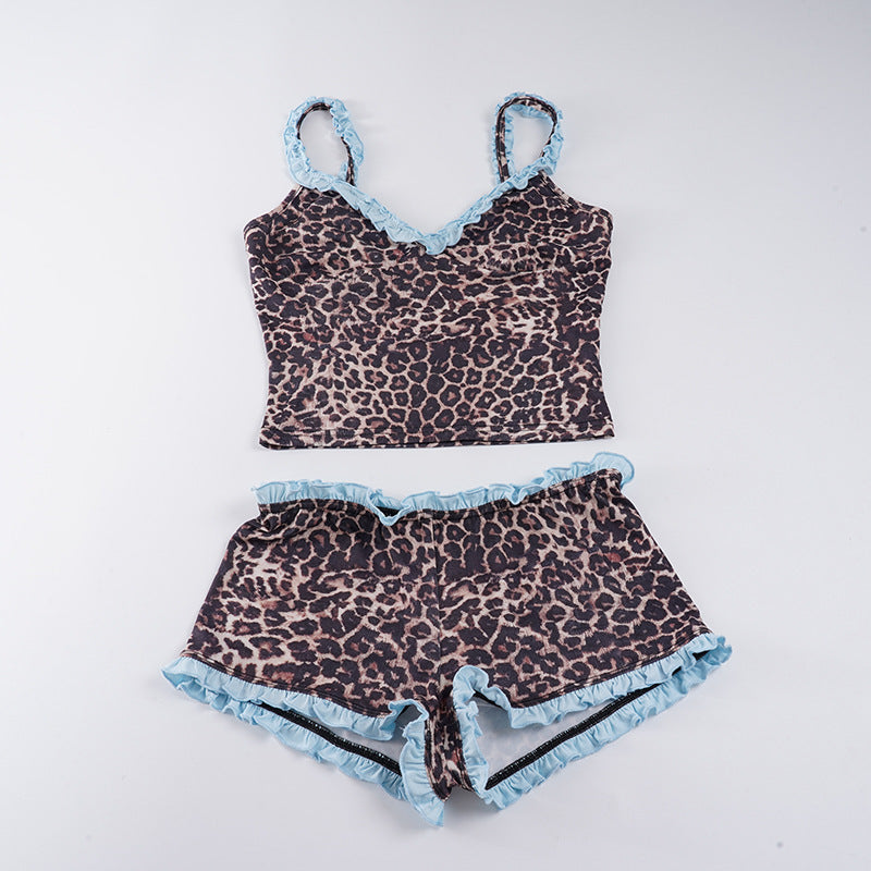 Damen Pyjama-Set mit verspieltem Leopardenmuster und Rüschendetails Drune