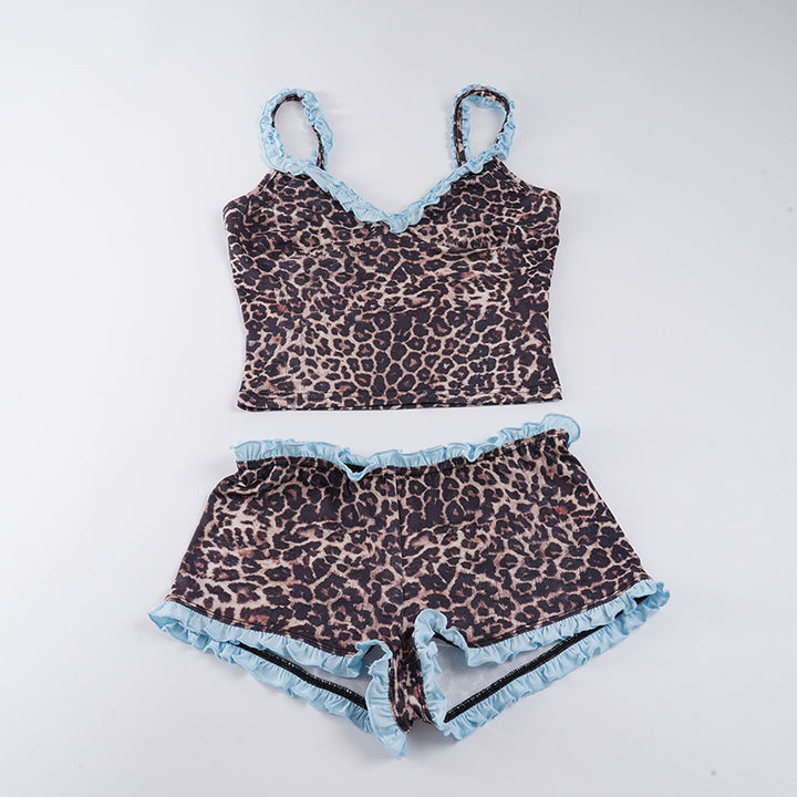 Damen Pyjama-Set mit verspieltem Leopardenmuster und Rüschendetails Drune