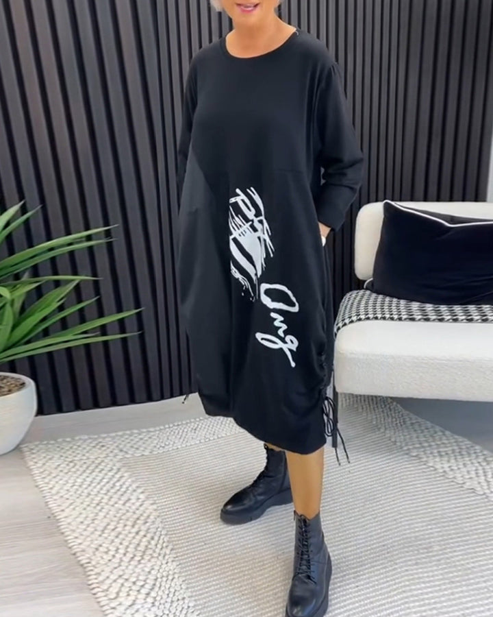 Damen Oversized Hoodie-Kleid mit seitlichen Eingrifftaschen und grafischem Print Drune