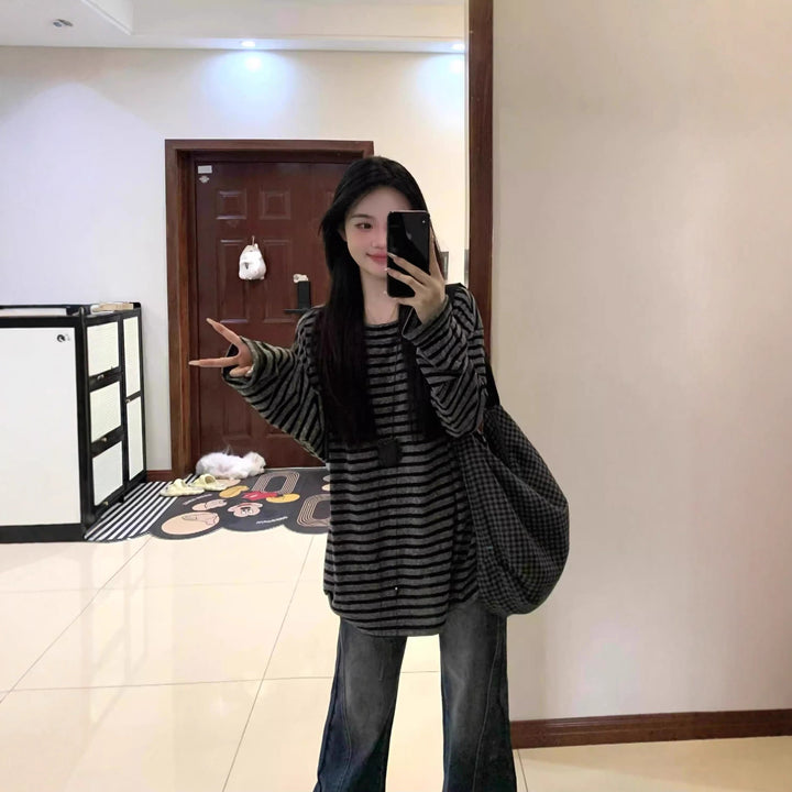 Damen Lässiges gestreiftes Oversized-Shirt mit weiten Ärmeln Drune