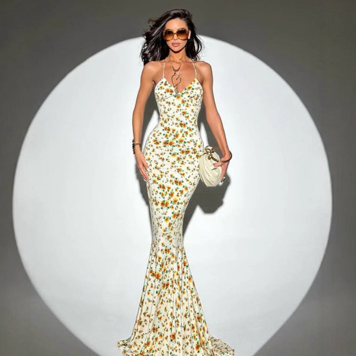 Damen figurbetontes Blumen-Maxikleid mit Spaghettiträgern und elegantem Schnitt Drune