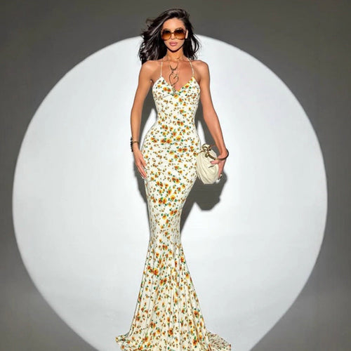 Damen figurbetontes Blumen-Maxikleid mit Spaghettiträgern und elegantem Schnitt Drune